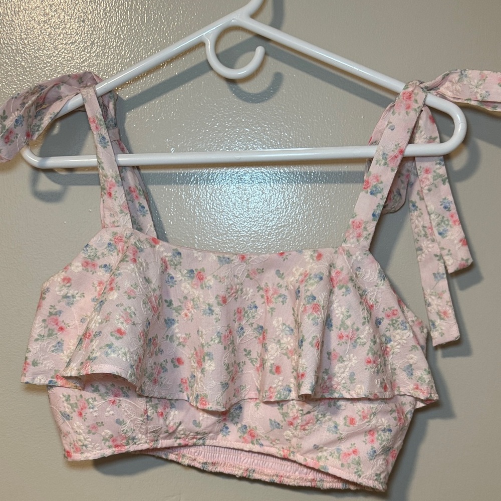 Altar’d State Floral Pink Ruffle Crop Top